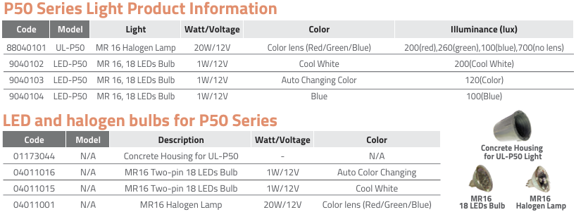 Đèn bể bơi Emaux P50 Đèn bể bơi Emaux P50 Series