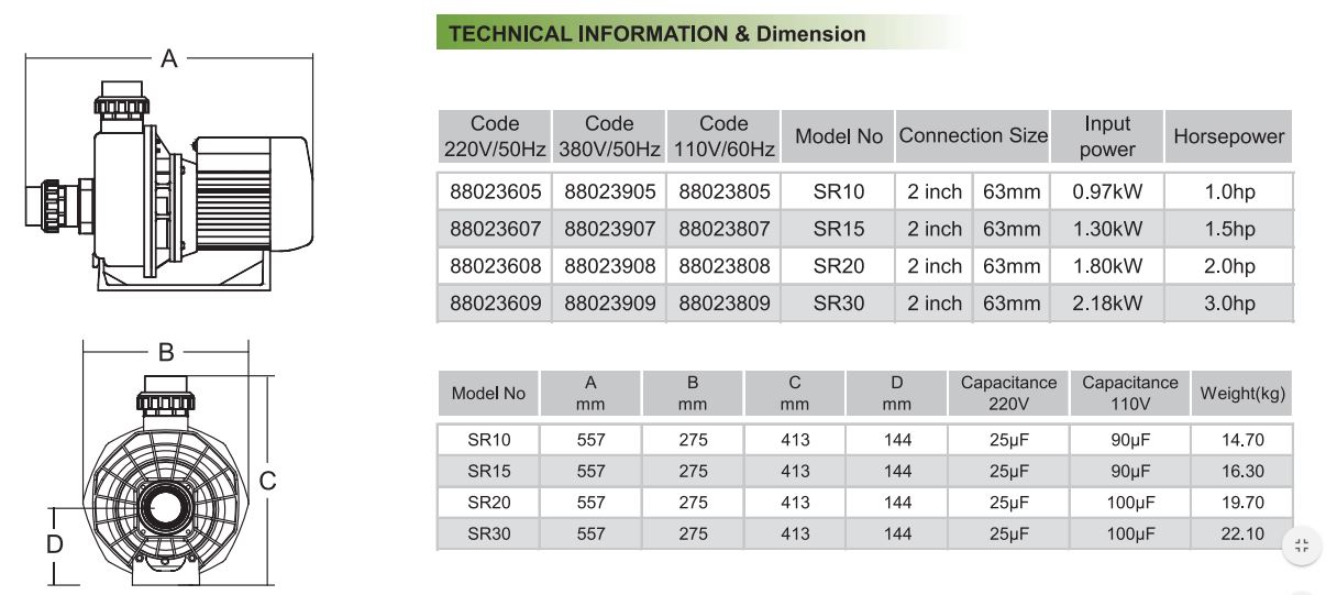 Máy bơm bể bơi Emaux SR Series Máy bơm bể bơi Emaux SR Series